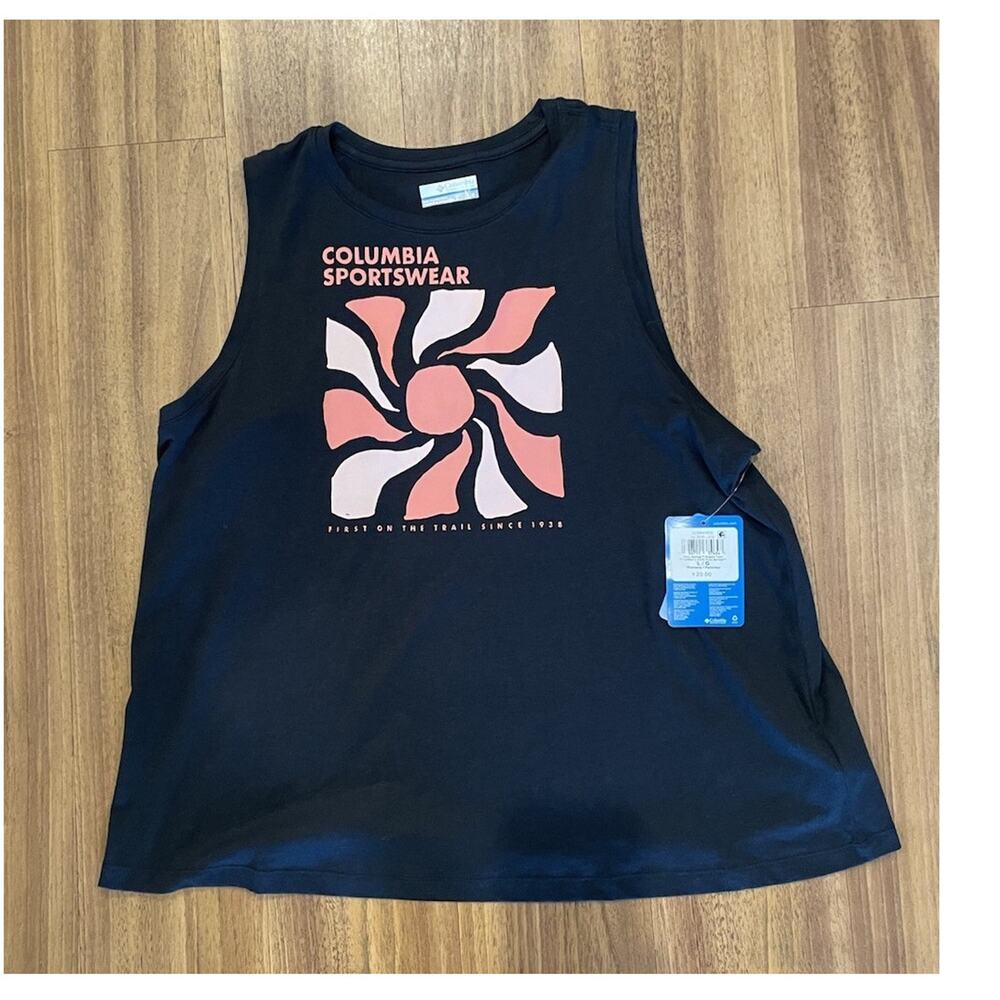 Columbia Women’s Black Cotton Graphic Print Crew Neck Sleeveless Tank Top L